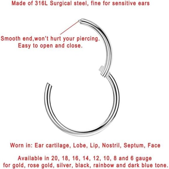 316L Surgical Steel Hinged Nose Ring Hoop for Men & Women – Septum & Cartilage - Picture 2 of 7